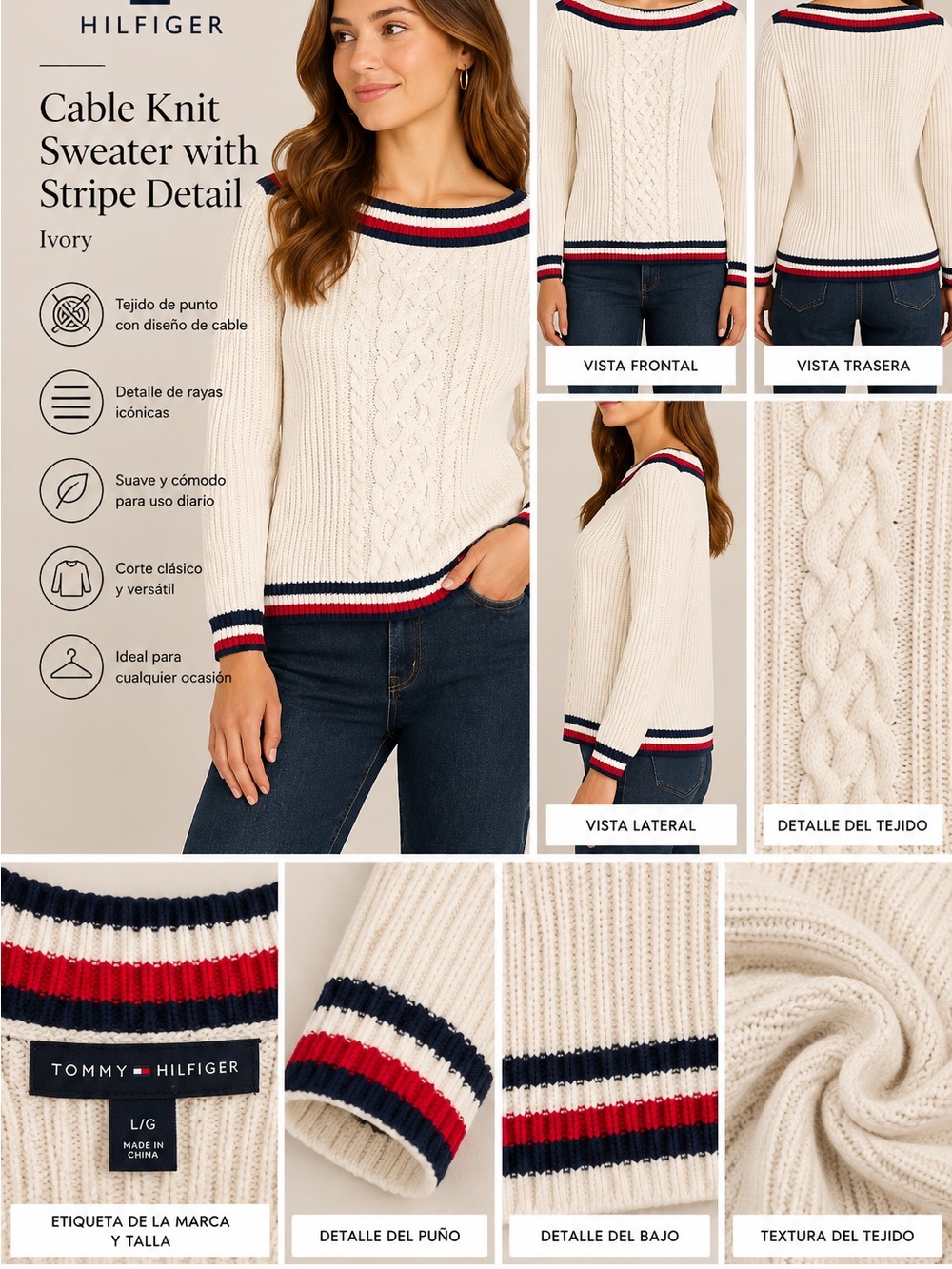 Tommy Hilfiger Ivory Cable Knit Sweater with Red & Navy Trim